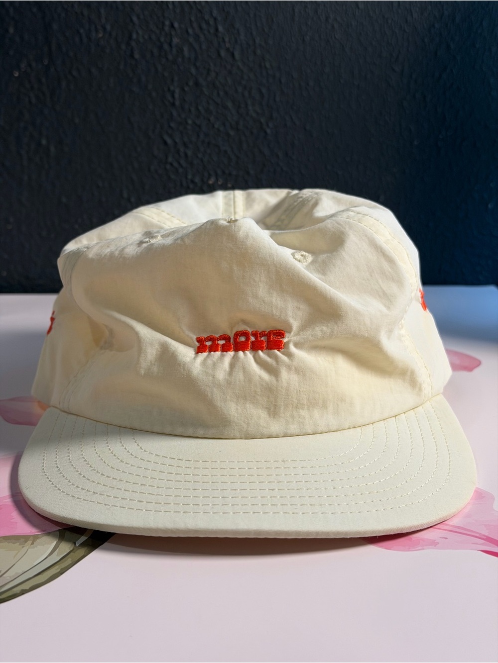 Unbranded Cream Five-Panel Cap with Red Embroidery